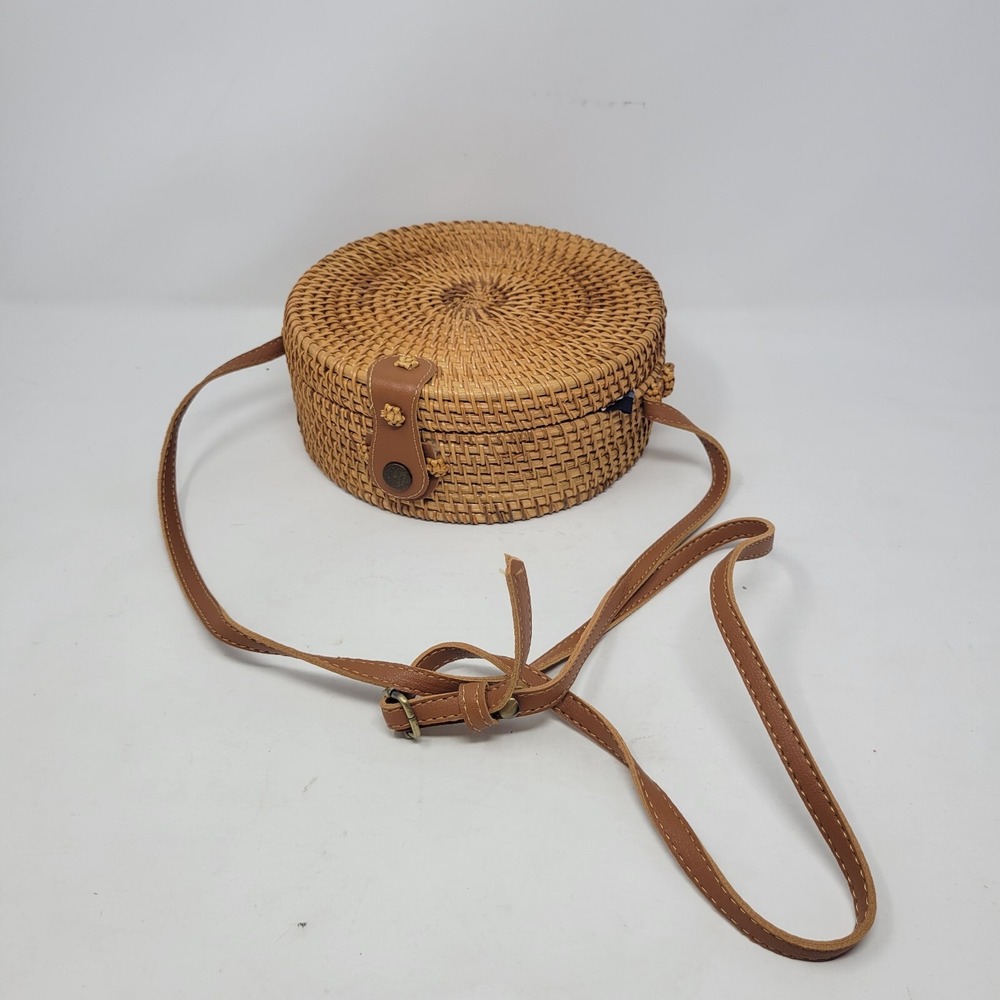 Natural NEO Handwoven Round Rattan Bag Shoulder Straps Handmade Vietnam